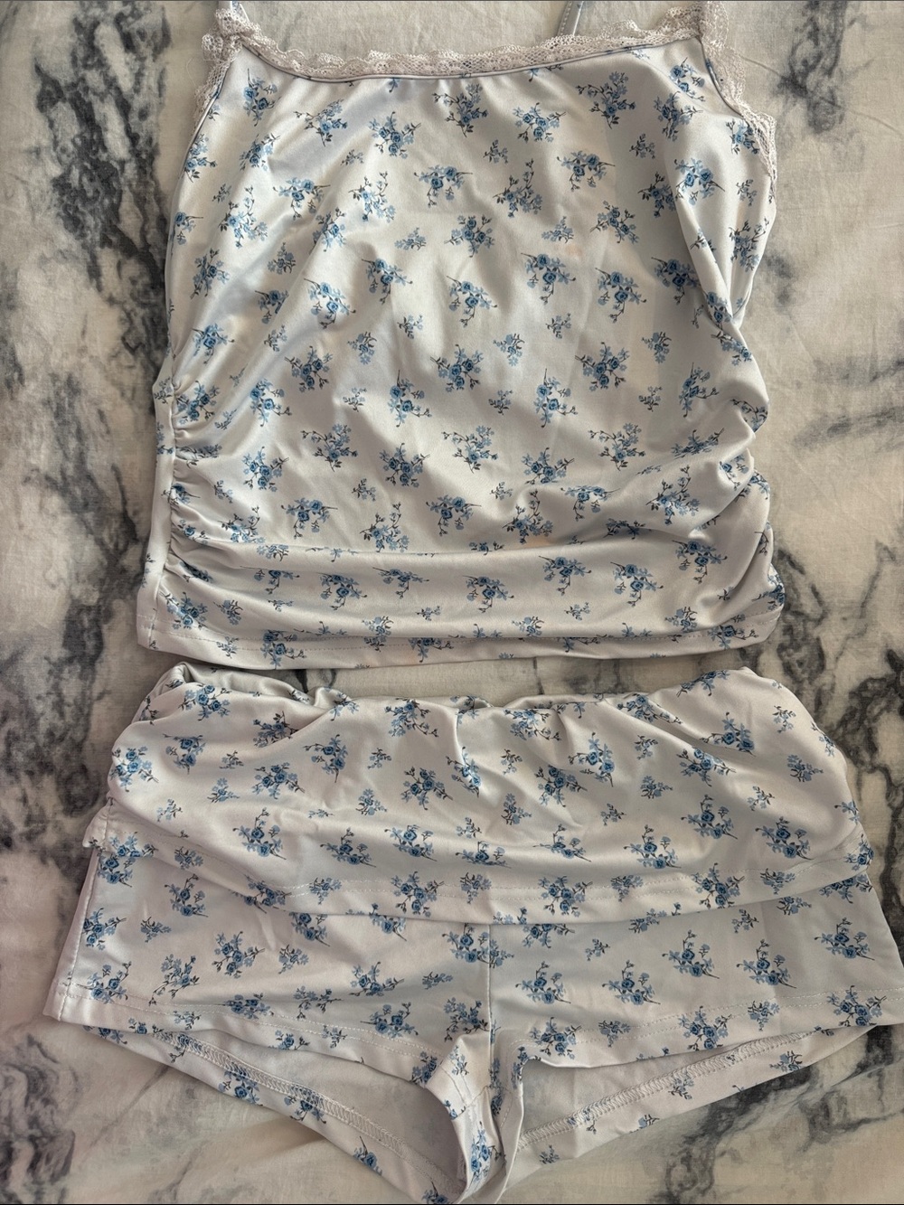 Floral Lace-Trim Cami & Short Sleep Set - Blue on Cream